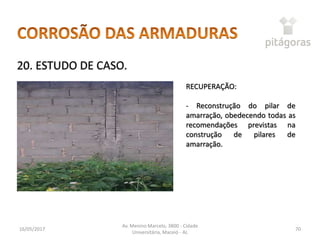 16/05/2017
Av. Menino Marcelo, 3800 - Cidade
Universitária, Maceió - AL
70
20. ESTUDO DE CASO.
RECUPERAÇÃO:
- Reconstrução do pilar de
amarração, obedecendo todas as
recomendações previstas na
construção de pilares de
amarração.
 