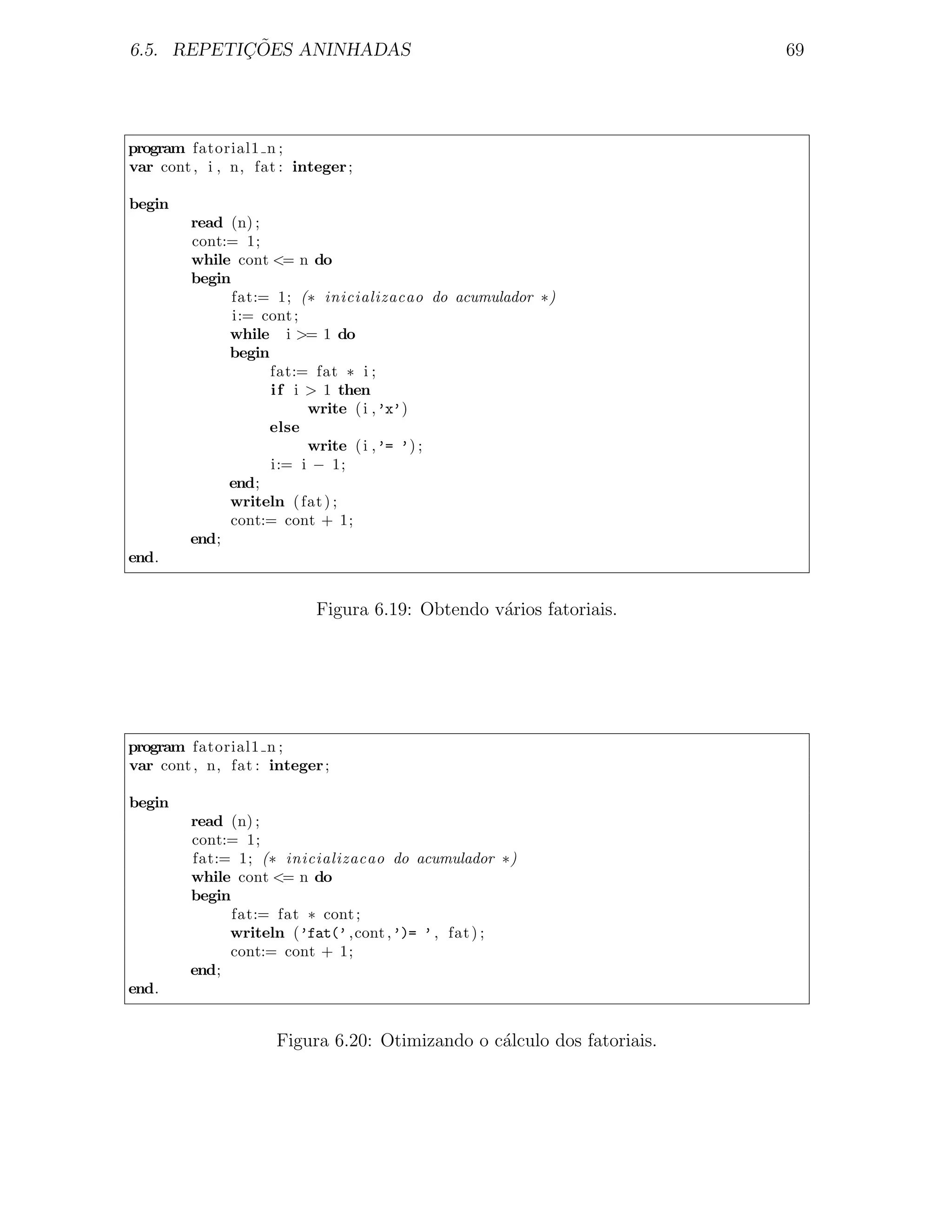 ¸˜
6.5. REPETICOES ANINHADAS                                               69




program fatorial1 n ;
var cont , i , n, fat : integer ;

begin
         read (n) ;
         cont:= 1;
         while cont <= n do
         begin
               fat:= 1; (∗ inicializacao do acumulador ∗)
               i:= cont ;
              while i >= 1 do
              begin
                    fat:= fat ∗ i ;
                    i f i > 1 then
                          write ( i ,’x’)
                    else
                          write ( i ,’= ’) ;
                    i:= i − 1;
              end;
              writeln ( fat ) ;
              cont:= cont + 1;
         end;
end.


                           Figura 6.19: Obtendo v´rios fatoriais.
                                                 a




program fatorial1 n ;
var cont , n, fat : integer ;

begin
         read (n) ;
         cont:= 1;
         fat:= 1; (∗ inicializacao do acumulador ∗)
         while cont <= n do
         begin
               fat:= fat ∗ cont ;
              writeln (’fat(’ ,cont ,’)= ’ , fat ) ;
              cont:= cont + 1;
         end;
end.


                     Figura 6.20: Otimizando o c´lculo dos fatoriais.
                                                a
 