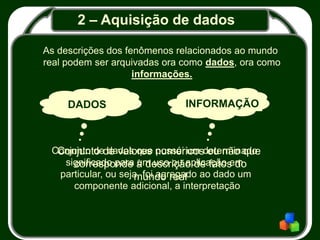 2 – Aquisição de dados
As descrições dos fenômenos relacionados ao mundo
real podem ser arquivadas ora como dados, ora como
informações.
DADOS INFORMAÇÃO
Conjunto de valores numéricos ou não que
corresponde à descrição de fatos do
mundo real
Conjunto de dados que possui um determinado
significado para um uso ou aplicação em
particular, ou seja, foi agregado ao dado um
componente adicional, a interpretação
 