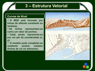 3 – Estrutura Vetorial
 O MDE está formado por
linhas de altitude constante ou
isoipsas;
As linhas representam-se
como um vetor de pontos;
 Cada ponto representa-se
por um par de coordenadas (x,
y);
 O modelo pode completar-se
mediante pontos cotados
(linhas de um só elemento).
Curvas de Nível
 