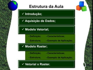 Estrutura da Aula
 Introdução;
 Aquisição de Dados;
 Modelo Vetorial;
 Modelo Raster;
 Vetorial x Raster.
- Definição;
- Estrutura;
- Características;
- Exemplo de Aplicação;
- Definição;
- Estrutura;
- Características;
- Exemplo de Aplicação;
 