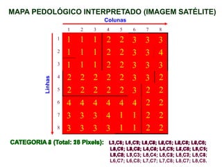 MAPA PEDOLÓGICO INTERPRETADO (IMAGEM SATÉLITE)
2
2
1
1
3
3
3
3
2
2
1
1
4
3
3
3
2
2
4
4
4
4
4
4
2
2
3
2
2
2
2
2
2
3
3
2
2
2
2
2
3
3
3
2
2
1
1
1
4
3
3
2
2
1
1
1
3
3
3
2
2
1
1
1
Colunas
Linhas
8
7
6
5
4
3
2
1
8
7
6
5
4
3
2
1
CATEGORIA 1 (Total: 13 Pixels): L1,C1; L1,C2; L1,C3; L2,C1; L2,C2; L2,C3;
L3,C1; L3,C2; L3,C3; L7,C5; L7,C6; L8,C5;
L8,C6.
1
1
1
1
1
1
1
1
1
1
1
1
1
CATEGORIA 2 (Total: 25 Pixels): L1,C4; L1,C5; L2,C4; L2,C5; L3,C4; L3,C5;
L4,C1; L4,C2; L4,C4; L4,C5; L4,C8; L5,C1;
L5,C2; L5,C3; L5,C4; L5,C5; L5,C7; L5,C8;
L6,C7; L6,C8; L7,C7; L7,C8; L8,C7; L8,C8.
2
2
2
2
2
2
2
2
2
2
2
2
2
2
2
2
2
2
2
2
2
2
2
2
2
CATEGORIA 3 (Total: 18 Pixels): L1,C6; L1,C7; L1,C8; L2,C6; L2,C7; L3,C6;
L3,C7; L3,C8; L4,C6; L4,C7; L5,C5; L7,C1;
L7,C2; L7,C3; L8,C1; L8,C2; L8,C3; L8,C4.
3
3
3
3
3
3
3
3
3
3
3
3
3
3
3
3
3
3
CATEGORIA 4 (Total: 8 Pixels): L2,C8; L6,C1; L6,C2; L6,C3; L6,C4; L6,C5;
L6,C6; L7,C4.
4
4
4
4
4
4
4
4
 