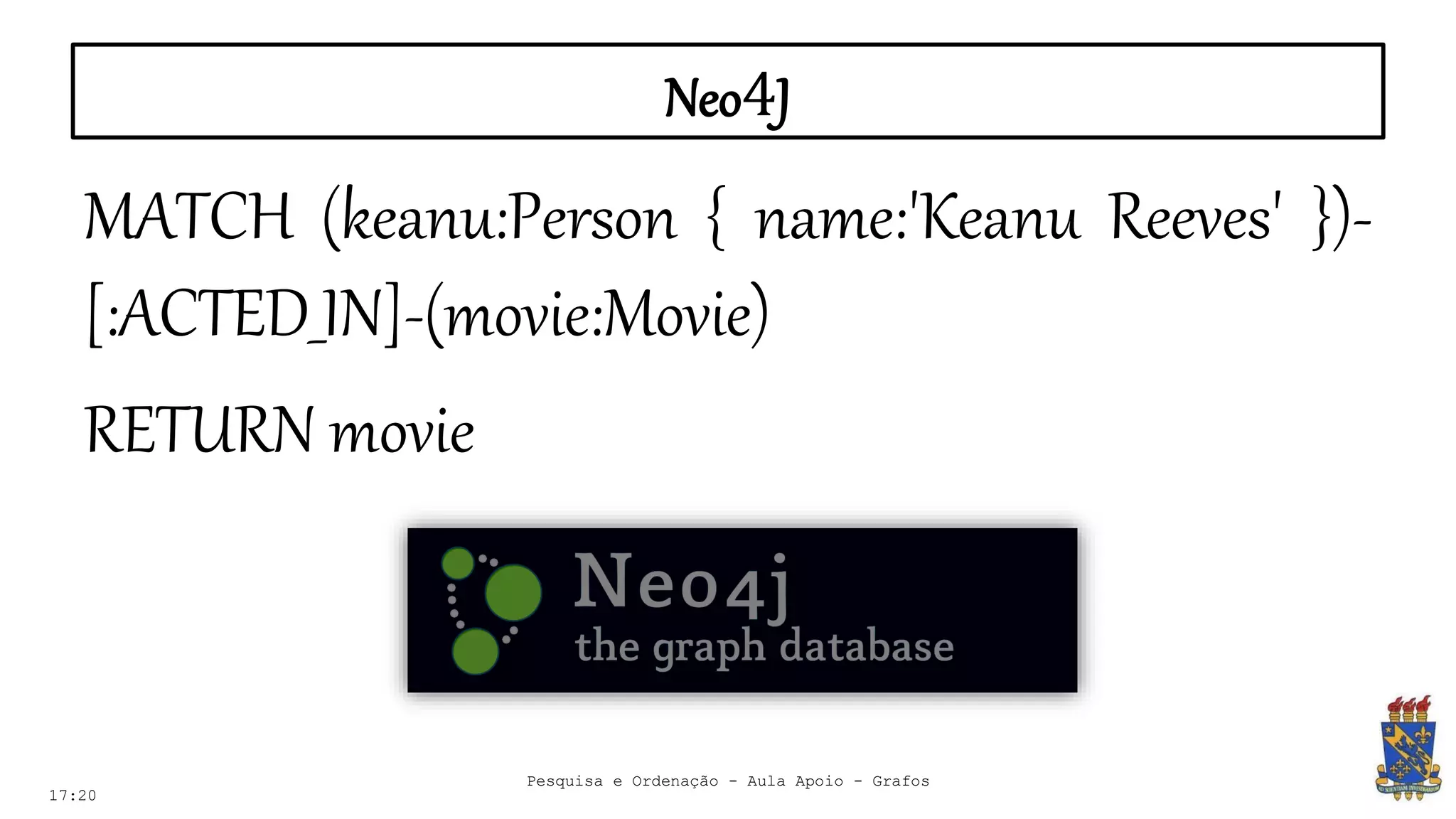 Neo4J
17:20
MATCH (keanu:Person { name:'Keanu Reeves' })-
[:ACTED_IN]-(movie:Movie)
RETURN movie
Pesquisa e Ordenação - Aula Apoio - Grafos
 