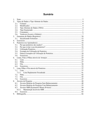 Sumário
1.    Nota: ................................................................................................................................... 3 
2.    Tipos de Dados e Tipo Abstrato de Dados ......................................................................... 4 
   2.1.  Comuns: ....................................................................................................................... 4 
   2.2.  Modificados: ................................................................................................................ 4 
   2.3.  Tipo Abstrato de Dados (TDA): .................................................................................. 4 
   2.4.  Tipo Enumerado: ......................................................................................................... 5 
   2.5.  Constantes: ................................................................................................................... 6 
   2.6.  Variáveis (Locais e Globais):....................................................................................... 7 
3.  Estruturas de Dados (Registros) ....................................................................................... 10 
   3.1.  Inicializando Estruturas ............................................................................................. 12 
4.  Exercícios ......................................................................................................................... 14 
5.  Ponteiros (ou Apontadores) .............................................................................................. 16 
   5.1.  Por que ponteiros são usados? ................................................................................... 16 
   5.2.  Por que evitar o uso de ponteiros? ............................................................................. 16 
   5.3.  Utilizando Ponteiros................................................................................................... 17 
   5.4.  Exemplo de Utilização de Ponteiros .......................................................................... 17 
   5.5.  Outros Exemplos de Utilização de Ponteiros............................................................. 18 
   5.6.  Exercícios................................................................................................................... 22 
6.  Listas, Filas e Pilhas através de Arranjos ......................................................................... 23 
   6.1.  Lista ........................................................................................................................... 23 
   6.2.  Pilha ........................................................................................................................... 27 
   6.3.  Fila ............................................................................................................................. 30 
   6.4.  Exercícios................................................................................................................... 33 
7.  Lista, Pilha e Fila através de Ponteiros ............................................................................. 37 
   7.1.  Lista ........................................................................................................................... 37 
      7.1.1.  Lista Duplamente Encadeada ............................................................................. 41 
   7.2.  Pilha ........................................................................................................................... 42 
   7.3.  Fila ............................................................................................................................. 45 
   7.4.  Exercício .................................................................................................................... 47 
8.  Árvores de Pesquisa ......................................................................................................... 48 
   8.1.  Árvores Binárias de Pesquisa Sem Balanceamento ................................................... 48 
   8.2.  Árvores Binárias de Pesquisa Com Balanceamento .................................................. 53 
   8.3.  Árvores SBB (Symmetric Binary B-trees) ................................................................ 54 
      8.3.1.  Manutenção da árvore SBB ................................................................................ 56 
   8.4.  Exercício .................................................................................................................... 65 
9.  Bibliografia ....................................................................................................................... 66 
 