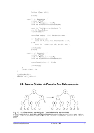 Retira (Aux, &Dic);

                        break;

                 case 3: /* Pesquisa */
                      system ("CLS");
                      cout << "Pesquisar Item";
                      cout << "n==============nn";

                        cout << "nDigite um Código: ";
                        cin >> Aux.Codigo;
                        fflush(stdin);

                        Pesquisa (&Aux, &Dic, RegEncontrado);

                        if (RegEncontrado)
                            cout << "nRegistro encontrado.nn";
                        else
                            cout << "nRegistro não encontrado.";

                        getchar();
                        break;

                 case 4: /* Imprimir */
                      system ("CLS");
                      cout << "Imprimir Itens";
                      cout << "n===============nn";

                        CaminhamentoCentral (Dic);

                     getchar();
           }
           Opcao = Menu ();
     }

     system("PAUSE");
     return EXIT_SUCCESS;
}


         8.2. Árvores Binárias de Pesquisa Com Balanceamento




Fig. 12 – Árvore Binária de Pesquisa Completamente Balanceada
Fonte: <http://www.dcc.ufmg.br/algoritmos/transparencias.php> Acesso em: 19 nov.
2007


eddiesaliba@yahoo.com                         ICQ-45923544                     53
 
