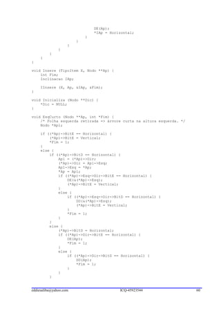 DE(Ap);
                                *IAp = Horizontal;
                            }
                        }
                    }
               }
          }
     }
}

void Insere (TipoItem X, Nodo **Ap) {
    int Fim;
    Inclinacao IAp;

     IInsere (X, Ap, &IAp, &Fim);
}

void Inicializa (Nodo **Dic) {
    *Dic = NULL;
}

void EsqCurto (Nodo **Ap, int *Fim) {
    /* Folha esquerda retirada => árvore curta na altura esquerda. */
    Nodo *Ap1;

     if ((*Ap)->BitE == Horizontal) {
         (*Ap)->BitE = Vertical;
         *Fim = 1;
     }
     else {
         if ((*Ap)->BitD == Horizontal) {
             Ap1 = (*Ap)->Dir;
             (*Ap)->Dir = Ap1->Esq;
             Ap1->Esq = *Ap;
             *Ap = Ap1;
             if ((*Ap)->Esq->Dir->BitE == Horizontal) {
                 DE(&(*Ap)->Esq);
                 (*Ap)->BitE = Vertical;
             }
             else {
                 if ((*Ap)->Esq->Dir->BitD == Horizontal) {
                     DD(&(*Ap)->Esq);
                     (*Ap)->BitE = Vertical;
                 }
                 *Fim = 1;
             }
         }
         else {
             (*Ap)->BitD = Horizontal;
             if ((*Ap)->Dir->BitE == Horizontal) {
                 DE(Ap);
                 *Fim = 1;
             }
             else {
                 if ((*Ap)->Dir->BitD == Horizontal) {
                     DD(Ap);
                     *Fim = 1;
                 }
             }
         }


eddiesaliba@yahoo.com                      ICQ-45923544                 60
 