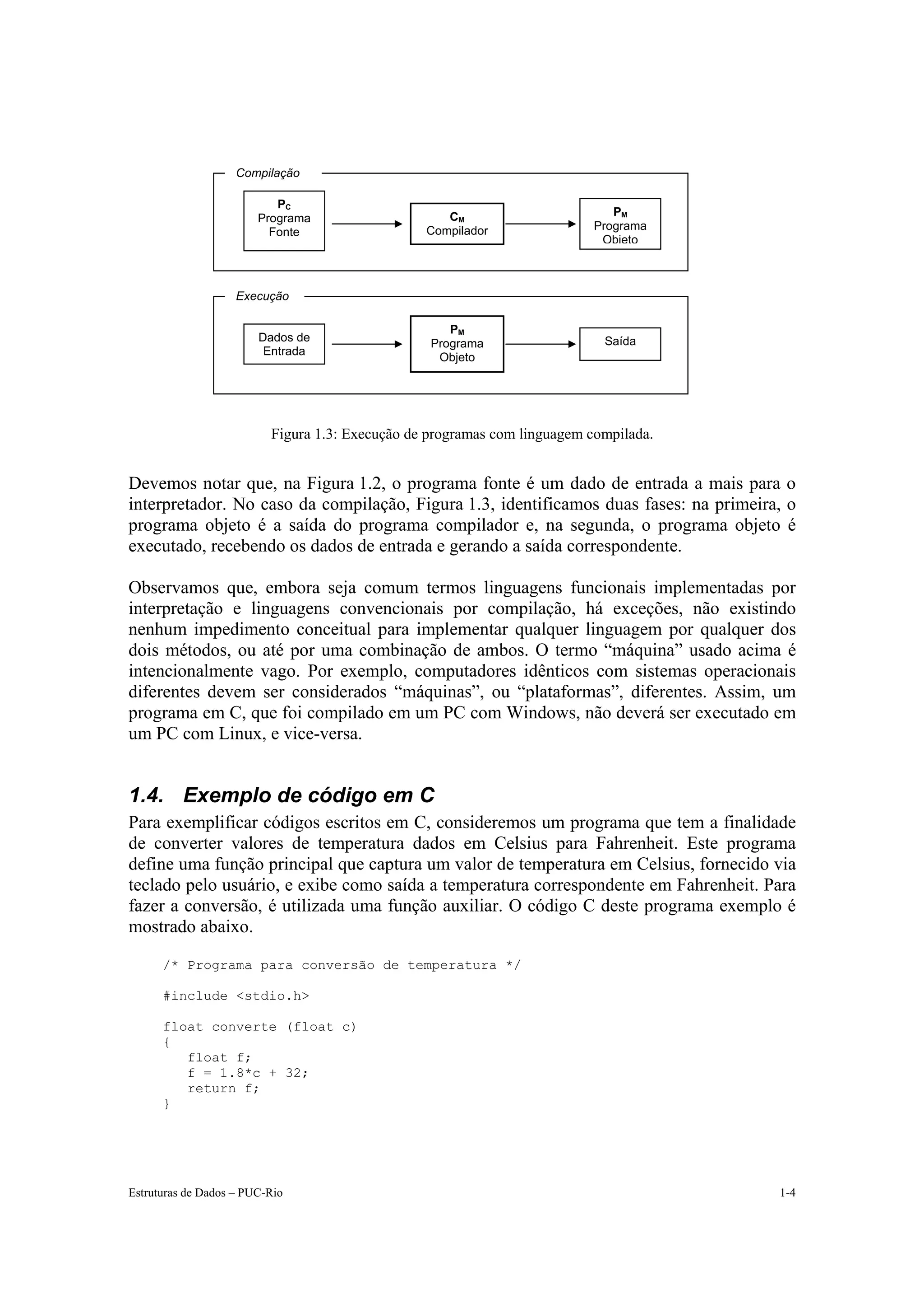 Compilação

                           PC
                                                    CM                       PM
                        Programa
                                                 Compilador               Programa
                          Fonte
                                                                           Objeto



                    Execução

                                                     PM
                        Dados de                                            Saída
                                                  Programa
                         Entrada
                                                   Objeto




                          Figura 1.3: Execução de programas com linguagem compilada.


Devemos notar que, na Figura 1.2, o programa fonte é um dado de entrada a mais para o
interpretador. No caso da compilação, Figura 1.3, identificamos duas fases: na primeira, o
programa objeto é a saída do programa compilador e, na segunda, o programa objeto é
executado, recebendo os dados de entrada e gerando a saída correspondente.

Observamos que, embora seja comum termos linguagens funcionais implementadas por
interpretação e linguagens convencionais por compilação, há exceções, não existindo
nenhum impedimento conceitual para implementar qualquer linguagem por qualquer dos
dois métodos, ou até por uma combinação de ambos. O termo “máquina” usado acima é
intencionalmente vago. Por exemplo, computadores idênticos com sistemas operacionais
diferentes devem ser considerados “máquinas”, ou “plataformas”, diferentes. Assim, um
programa em C, que foi compilado em um PC com Windows, não deverá ser executado em
um PC com Linux, e vice-versa.


1.4. Exemplo de código em C
Para exemplificar códigos escritos em C, consideremos um programa que tem a finalidade
de converter valores de temperatura dados em Celsius para Fahrenheit. Este programa
define uma função principal que captura um valor de temperatura em Celsius, fornecido via
teclado pelo usuário, e exibe como saída a temperatura correspondente em Fahrenheit. Para
fazer a conversão, é utilizada uma função auxiliar. O código C deste programa exemplo é
mostrado abaixo.

      /* Programa para conversão de temperatura */

      #include <stdio.h>

      float converte (float c)
      {
         float f;
         f = 1.8*c + 32;
         return f;
      }




Estruturas de Dados – PUC-Rio                                                          1-4
 