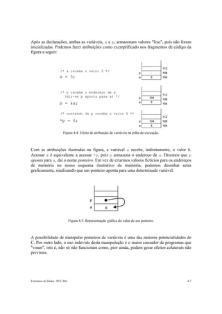 Após as declarações, ambas as variáveis, a e p, armazenam valores "lixo", pois não foram
inicializadas. Podemos fazer atribuições como exemplificado nos fragmentos de código da
figura a seguir:


                                                                                              112
                      /* a recebe o valor 5 */
                                                                              p       -       108
                      a = 5;                                                  a       5       104




                      /* p recebe o endereço de a
                                                                                              112
                        (diz-se p aponta para a) */                           p      104
                                                                                              108
                      p = &a;                                                 a       5       104


                      /* conteúdo de p recebe o valor 6 */
                                                                                              112
                      *p = 6;                                                 p      104      108
                                                                              a       6       104

                        Figura 4.4: Efeito de atribuição de variáveis na pilha de execução.



Com as atribuições ilustradas na figura, a variável a recebe, indiretamente, o valor 6.
Acessar a é equivalente a acessar *p, pois p armazena o endereço de a. Dizemos que p
aponta para a, daí o nome ponteiro. Em vez de criarmos valores fictícios para os endereços
de memória no nosso esquema ilustrativo da memória, podemos desenhar setas
graficamente, sinalizando que um ponteiro aponta para uma determinada variável.




                                             p

                                             a          6


                               Figura 4.5: Representação gráfica do valor de um ponteiro.



A possibilidade de manipular ponteiros de variáveis é uma das maiores potencialidades de
C. Por outro lado, o uso indevido desta manipulação é o maior causador de programas que
"voam", isto é, não só não funcionam como, pior ainda, podem gerar efeitos colaterais não
previstos.




Estruturas de Dados –PUC-Rio                                                                        4-7
 