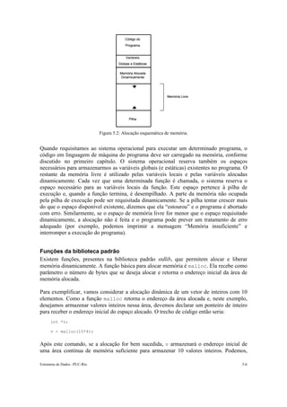 Código do
                                            Programa


                                            Variáveis
                                        Globais e Estáticas

                                         Memória Alocada
                                          Dinamicamente




                                                                Memória Livre




                                               Pilha



                               Figura 5.2: Alocação esquemática de memória.


Quando requisitamos ao sistema operacional para executar um determinado programa, o
código em linguagem de máquina do programa deve ser carregado na memória, conforme
discutido no primeiro capítulo. O sistema operacional reserva também os espaços
necessários para armazenarmos as variáveis globais (e estáticas) existentes no programa. O
restante da memória livre é utilizado pelas variáveis locais e pelas variáveis alocadas
dinamicamente. Cada vez que uma determinada função é chamada, o sistema reserva o
espaço necessário para as variáveis locais da função. Este espaço pertence à pilha de
execução e, quando a função termina, é desempilhado. A parte da memória não ocupada
pela pilha de execução pode ser requisitada dinamicamente. Se a pilha tentar crescer mais
do que o espaço disponível existente, dizemos que ela “estourou” e o programa é abortado
com erro. Similarmente, se o espaço de memória livre for menor que o espaço requisitado
dinamicamente, a alocação não é feita e o programa pode prever um tratamento de erro
adequado (por exemplo, podemos imprimir a mensagem “Memória insuficiente” e
interromper a execução do programa).


Funções da biblioteca padrão
Existem funções, presentes na biblioteca padrão stdlib, que permitem alocar e liberar
memória dinamicamente. A função básica para alocar memória é malloc. Ela recebe como
parâmetro o número de bytes que se deseja alocar e retorna o endereço inicial da área de
memória alocada.

Para exemplificar, vamos considerar a alocação dinâmica de um vetor de inteiros com 10
elementos. Como a função malloc retorna o endereço da área alocada e, neste exemplo,
desejamos armazenar valores inteiros nessa área, devemos declarar um ponteiro de inteiro
para receber o endereço inicial do espaço alocado. O trecho de código então seria:
      int *v;

      v = malloc(10*4);


Após este comando, se a alocação for bem sucedida, v armazenará o endereço inicial de
uma área contínua de memória suficiente para armazenar 10 valores inteiros. Podemos,

Estruturas de Dados –PUC-Rio                                                           5-6
 