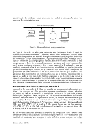 conhecimento da existência destes elementos nos ajudará a compreender como um
programa de computador funciona.

                                           Canal de comunicação (BUS)




                                CPU
                          Central de
                        processamento


                                                             Armazenamento    Dispositivos de
                                                               secundário     entrada/saída
                                             Memória


                                Figura 1.1: Elementos básicos de um computador típico.


A Figura 1.1 identifica os elementos básicos de um computador típico. O canal de
comunicação (conhecido como BUS) representa o meio para a transferência de dados entre
os diversos componentes. Na memória principal são armazenados os programas e os dados
no computador. Ela tem acesso randômico, o que significa que podemos endereçar (isto é,
acessar) diretamente qualquer posição da memória. Esta memória não é permanente e, para
um programa, os dados são armazenados enquanto o programa está sendo executado. Em
geral, após o término do programa, a área ocupada na memória fica disponível para ser
usada por outras aplicações. A área de armazenamento secundário é, em geral, representada
por um disco (disco rígido, disquete, etc.). Esta memória secundária tem a vantagem de ser
permanente. Os dados armazenados em disco permanecem válidos após o término dos
programas. Esta memória tem um custo mais baixo do que a memória principal, porém o
acesso aos dados é bem mais lento. Por fim, encontram-se os dispositivos de entrada e
saída. Os dispositivos de entrada (por exemplo, teclado, mouse) permitem passarmos dados
para um programa, enquanto os dispositivos de saída permitem que um programa exporte
seus resultados, por exemplo em forma textual ou gráfica usando monitores ou impressoras.

Armazenamento de dados e programas na memória
A memória do computador é dividida em unidades de armazenamento chamadas bytes.
Cada byte é composto por 8 bits, que podem armazenar os valores zero ou um. Nada além
de zeros e uns pode ser armazenado na memória do computador. Por esta razão, todas as
informações (programas, textos, imagens, etc.) são armazenadas usando uma codificação
numérica na forma binária. Na representação binária, os números são representados por
uma seqüência de zeros e uns (no nosso dia a dia, usamos a representação decimal, uma vez
que trabalhamos com 10 algarismos). Por exemplo, o número decimal 5 é representado por
101, pois 1*22 + 0*21 + 1*20 é igual a 5 (da mesma forma que, na base decimal,
456=4*102 + 5*101 + 6*100). Cada posição da memória (byte) tem um endereço único. Não
é possível endereçar diretamente um bit.

Se só podemos armazenar números na memória do computador, como fazemos para
armazenar um texto (um documento ou uma mensagem)? Para ser possível armazenar uma
seqüência de caracteres, que representa o texto, atribui-se a cada caractere um código


Estruturas de Dados – PUC-Rio                                                                   1-2
 