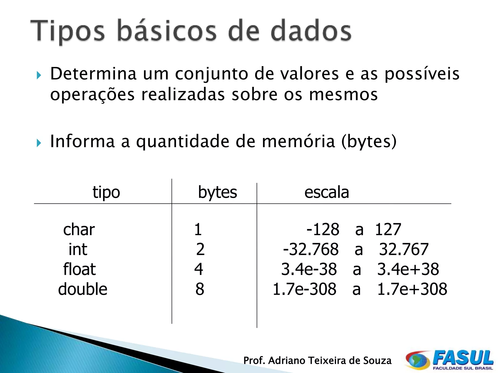    Determina um conjunto de valores e as possíveis
    operações realizadas sobre os mesmos

   Informa a quantidade de memória (bytes)

        tipo        bytes               escala

     char           1                -128         a    127
      int           2             -32.768         a     32.767
     float          4             3.4e-38         a    3.4e+38
    double          8            1.7e-308         a    1.7e+308



                            Prof. Adriano Teixeira de Souza
 