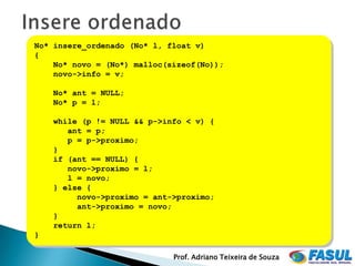No* insere_ordenado (No* l, float v)
{
    No* novo = (No*) malloc(sizeof(No));
    novo->info = v;

    No* ant = NULL;
    No* p = l;

    while (p != NULL && p->info < v) {
       ant = p;
       p = p->proximo;
    }
    if (ant == NULL) {
       novo->proximo = l;
       l = novo;
    } else {
         novo->proximo = ant->proximo;
         ant->proximo = novo;
    }
    return l;
}

                             Prof. Adriano Teixeira de Souza
 