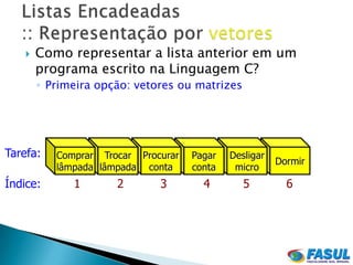    Como representar a lista anterior em um
       programa escrito na Linguagem C?
       ◦ Primeira opção: vetores ou matrizes




Tarefa:   Comprar Trocar Procurar   Pagar   Desligar
                                                       Dormir
          lâmpada lâmpada conta     conta    micro
Índice:      1       2       3        4        5         6
 