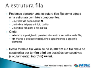    Podemos declarar uma estrutura tipo fila como sendo
    uma estrutura com três componentes:
    ◦ Um vetor vet de tamanho N,
    ◦ Um índice ini para o início da fila
    ◦ Um índice fim para o fim da fila
   Onde,
    ◦ ini marca a posição do próximo elemento a ser retirado da fila;
    ◦ fim marca a posição (vazia), onde será inserido o próximo
      elemento

   Desta forma a fila vazia se dá ini == fim e a fila cheia se
    caracteriza por ter fim e ini em posições consecutivas
    (circularmente): incr(fim) == ini.

                                     Prof. Adriano Teixeira de Souza
 