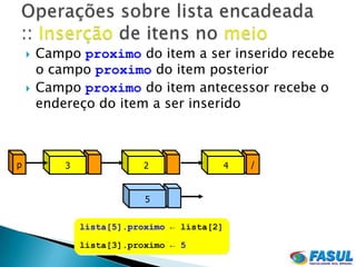    Campo proximo do item a ser inserido recebe
        o campo proximo do item posterior
       Campo proximo do item antecessor recebe o
        endereço do item a ser inserido



p           3               2                 4   /


                            5


                lista[5].proximo ← lista[2]

                lista[3].proximo ← 5
 