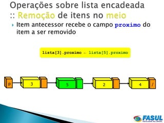    Item antecessor recebe o campo proximo do
        item a ser removido


                lista[3].proximo ← lista[5].proximo




p           3            5              2             4   /
 
