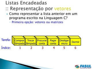    Como representar a lista anterior em um
       programa escrito na Linguagem C?
       ◦ Primeira opção: vetores ou matrizes




Tarefa:   Comprar Trocar Procurar   Pagar   Desligar
                                                       Dormir
          lâmpada lâmpada conta     conta    micro
Índice:      1       2       3        4        5         6
 