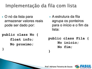    O nó da lista para                A estrutura da fila
    armazenar valores reais            agrupa os ponteiros
    pode ser dado por:                 para o início e o fim da
                                       lista:
public class No {
    float info;                  public class Fila {
    No proximo;                      No inicio;
                                     No fim;
}
                                 }



                              Prof. Adriano Teixeira de Souza
 