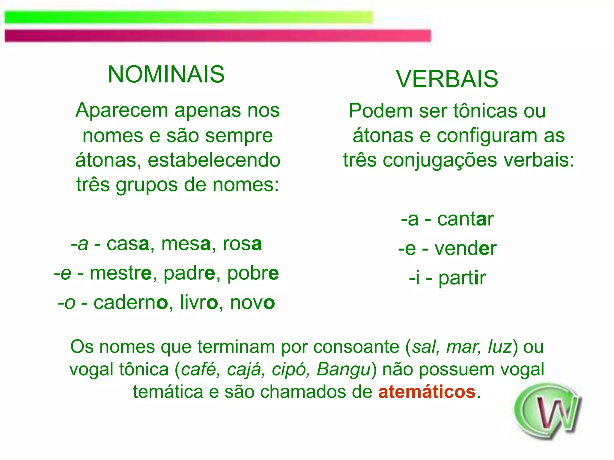 NOMINAISAparecem apenas nos nomes e são sempre átonas, estabelecendo três grupos de nomes:-a - casa, mesa, rosa-e - mestre, padre, pobre-o - caderno, livro, novoVERBAISPodem ser tônicas ou átonas e configuram as três conjugações verbais:-a - cantar-e - vender-i - partir Os nomes que terminam por consoante (sal, mar, luz) ou vogal tônica (café, cajá, cipó, Bangu) não possuem vogal temática e são chamados de atemáticos. 