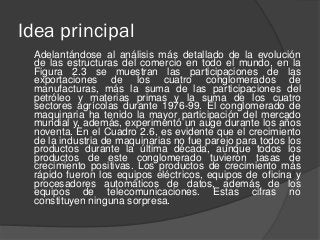 Idea principal
Adelantándose al análisis más detallado de la evolución
de las estructuras del comercio en todo el mundo, en la
Figura 2.3 se muestran las participaciones de las
exportaciones de los cuatro conglomerados de
manufacturas, más la suma de las participaciones del
petróleo y materias primas y la suma de los cuatro
sectores agrícolas durante 1976-99. El conglomerado de
maquinaria ha tenido la mayor participación del mercado
mundial y, además, experimentó un auge durante los años
noventa. En el Cuadro 2.6, es evidente que el crecimiento
de la industria de maquinarias no fue parejo para todos los
productos durante la última década, aunque todos los
productos de este conglomerado tuvieron tasas de
crecimiento positivas. Los productos de crecimiento más
rápido fueron los equipos eléctricos, equipos de oficina y
procesadores automáticos de datos, además de los
equipos de telecomunicaciones. Estas cifras no
constituyen ninguna sorpresa.
 