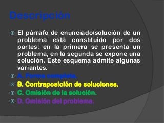  El párrafo de enunciado/solución de un
problema está constituido por dos
partes: en la primera se presenta un
problema, en la segunda se expone una
solución. Este esquema admite algunas
variantes.
 A. Forma completa.
 B. Contraposición de soluciones.
 C. Omisión de la solución.
 D. Omisión del problema.
Descripción
 