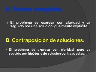  El problema se expresa con claridad y va
seguido por una solución igualmente explícita.
A. Forma completa.
 El problema se expresa con claridad, pero va
seguido por hipótesis de solución contrapuestas.
 