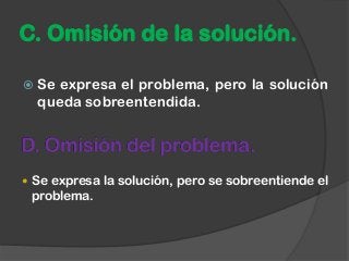  Se expresa el problema, pero la solución
queda sobreentendida.
C. Omisión de la solución.
 Se expresa la solución, pero se sobreentiende el
problema.
 