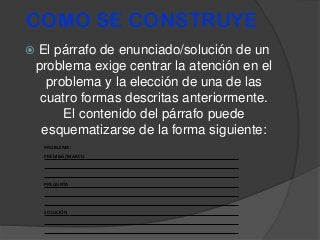  El párrafo de enunciado/solución de un
problema exige centrar la atención en el
problema y la elección de una de las
cuatro formas descritas anteriormente.
El contenido del párrafo puede
esquematizarse de la forma siguiente:
COMO SE CONSTRUYE
PROBLEMA:
PREMISA/MARCO
PREGUNTA
SOLUCIÓN
 