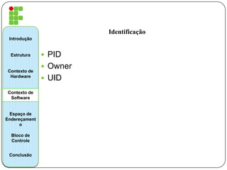 Identificação
 PID
 Owner
 UID
Introdução
Estrutura
Contexto de
Hardware
Contexto de
Software
Espaço de
Endereçament
o
Bloco de
Controle
Conclusão
 