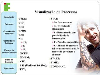 Visualização de Processos 
Introdução 
Estrutura 
Contexto de 
Hardware 
Contexto de 
Software 
Espaço de 
Endereçamento 
Bloco de 
Controle 
Conclusão 
•USER; 
•UID; 
•PID; 
•PPID; 
•PRI; 
•NI; 
-20; 
0; 
19. 
%CPU; 
%MEM; 
VSZ; 
RSS (Resident Set Size); 
TTY; 
STAT; 
D - Descansando; 
R - Executando 
(Running); 
S - Descansando com 
possibilidade de 
interrupção; 
T - Parado, suspendido; 
Z - Zumbi. O processo 
foi terminado mas não foi 
removido por quem o 
chamou. 
START; 
TIME; 
COMMAND. 
 