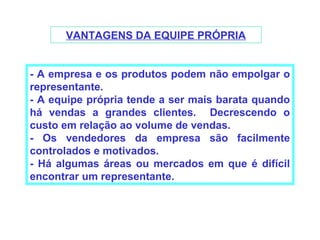 VANTAGENS DA EQUIPE PRÓPRIA


- A empresa e os produtos podem não empolgar o
representante.
- A equipe própria tende a ser mais barata quando
há vendas a grandes clientes. Decrescendo o
custo em relação ao volume de vendas.
- Os vendedores da empresa são facilmente
controlados e motivados.
- Há algumas áreas ou mercados em que é difícil
encontrar um representante.
 