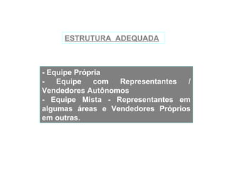 ESTRUTURA ADEQUADA



- Equipe Própria
-   Equipe    com Representantes   /
Vendedores Autônomos
- Equipe Mista - Representantes em
algumas áreas e Vendedores Próprios
em outras.
 