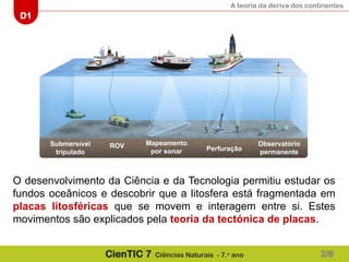 A teoria da deriva dos continentes
D1
CienTIC 7 Ciências Naturais - 7.o
ano
O desenvolvimento da Ciência e da Tecnologia permitiu estudar os
fundos oceânicos e descobrir que a litosfera está fragmentada em
placas litosféricas que se movem e interagem entre si. Estes
movimentos são explicados pela teoria da tectónica de placas.
2/8
Submersível
tripulado
ROV Mapeamento
por sonar Perfuração
Observatório
permanente
 
