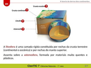 A teoria da deriva dos continentes
D1
CienTIC 7 Ciências Naturais - 7.o
ano
A litosfera é uma camada rígida constituída por rochas da crusta terrestre
(continental e oceânica) e por rochas do manto superior.
Assenta sobre a astenosfera, formada por materiais muito quentes e
plásticos.
2/7
Litosfera
Crusta continental
Crusta oceânica
Astenosfera
Manto
superior
?
?
?
?
 