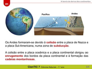 A teoria da deriva dos continentes
D1
CienTIC 7 Ciências Naturais - 7.o
ano
Pacífico Andes
Os Andes formaram-se devido à colisão entre a placa de Nazca e
a placa Sul-Americana, numa zona de subducção.
A colisão entre a placa oceânica e a placa continental obrigou ao
enrugamento dos bordos da placa continental e à formação das
cadeias montanhosas.
3/5
 