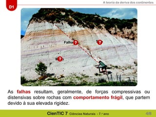 A teoria da deriva dos continentes
D1
CienTIC 7 Ciências Naturais - 7.o
ano
Falha Teto
Muro
? ?
?
As falhas resultam, geralmente, de forças compressivas ou
distensivas sobre rochas com comportamento frágil, que partem
devido à sua elevada rigidez.
4/8
 