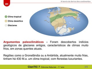 A teoria da deriva dos continentes
D1
CienTIC 7 Ciências Naturais - 7.o
ano
Clima tropical
Clima desértico
Glaciares
Argumentos paleoclimáticos - Foram descobertos indícios
geológicos de glaciares antigos, característicos de climas muito
frios, em zonas quentes atuais.
Regiões como a Gronelândia ou a Antártida, atualmente muito frias,
tinham há 430 M.a. um clima tropical, com florestas luxuriantes.
3/5
 
