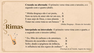 Rimas
Cruzada ou alternada: O primeiro verso rima com o terceiro, e o
segundo com o quarto (abab).
“ Minha desgraça não é ser poeta, A
Nem na terra de amor não ter um eco, B
E meu anjo de Deus, o meu planeta A
Tratar-me como trata-se um boneco ” B
(Minha Desgraça - Álvares de Azevedo)
Interpolada ou intercalada: O primeiro verso rima com o quarto, e
o segundo com o terceiro (abba).
“ Eu, filho do carbono e do amoníaco, A
Monstro de escuridão e rutilância, B
Sofro, desde a epigênese da infância, B
A influência má dos signos do zodíaco ” A
(Psicologia de um Vencido, Augusto dos Anjos)
 