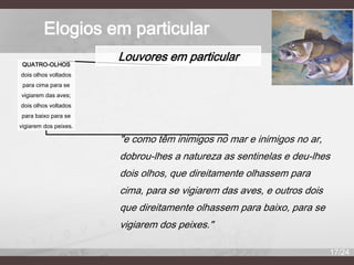 Elogios em particular
QUATRO-OLHOS

Louvores em particular

dois olhos voltados
para cima para se
vigiarem das aves;
dois olhos voltados
para baixo para se
vigiarem dos peixes.

"e como têm inimigos no mar e inimigos no ar,
dobrou-lhes a natureza as sentinelas e deu-lhes
dois olhos, que direitamente olhassem para
cima, para se vigiarem das aves, e outros dois
que direitamente olhassem para baixo, para se
vigiarem dos peixes."
17/24

 