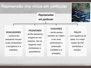 Repreensão dos vícios em particular
Repreensões
em particular

RONCADORES
- embora tão
pequenos roncam
muito (simbolizam
a arrogância e a

soberba);

PEGADORES
- sendo pequenos,
pregam-se nos
maiores, não os
largando mais
(simbolizam o
parasitismo);

VOADORES
- sendo peixes,

POLVO

também se metem

- com aparência de

a ser aves

santo, é o maior

(simbolizam a

traidor do mar

presunção

(simboliza a

(vaidade) e a

traição).

ambição);

19/24

 