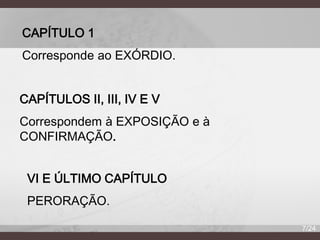 CAPÍTULO 1
Corresponde ao EXÓRDIO.
CAPÍTULOS II, III, IV E V

Correspondem à EXPOSIÇÃO e à
CONFIRMAÇÃO.
VI E ÚLTIMO CAPÍTULO
PERORAÇÃO.
7/24

 