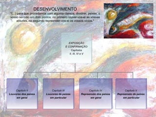 DESENVOLVIMENTO
"(...) para que procedamos com alguma clareza, dividirei, peixes, o
vosso sermão em dois pontos: no primeiro louvar-vos-ei as vossas
atitudes, no segundo repreender-vos-ei os vossos vícios."
EXPOSIÇÃO
E CONFIRMAÇÃO
Capítulos
II, III, IV e V
Capítulo II
Louvores dos peixes
em geral
Capítulo III
Louvores de peixes
em particular
Capítulo IV
Repreensão dos peixes
em geral
Capítulo V
Repreensão de peixes
em particular
 