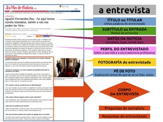 a entrevista 
TÍTULO ou TITULAR 
Unhas palabras do entrevistado 
SUBTÍTULO ou ENTRADA 
Motivo da entrevista 
DATOS DA NOTICIA 
Xornalista, lugar, xornal, data 
PERFIL DO ENTREVISTADO 
Sobre a súa vida e a súa traxectoria profesional 
FOTOGRAFÍA do entrevistado 
PÉ DE FOTO 
Explicación breve do que se ve na foto. Autor. 
CORPO 
DA ENTREVISTA 
Preguntas do xornalista 
Respostas do entrevistado 
 