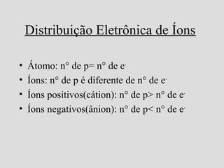 Distribuição Eletrônica de Íons
• Átomo: n° de p= n° de e-
• Íons: n° de p é diferente de n° de e-
• Íons positivos(cátion): n° de p> n° de e-
• Íons negativos(ânion): n° de p< n° de e-
 