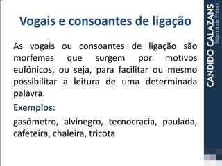 Vogais e consoantes de ligação
As vogais ou consoantes de ligação são
morfemas que surgem por motivos
eufônicos, ou seja, para facilitar ou mesmo
possibilitar a leitura de uma determinada
palavra.
Exemplos:
gasômetro, alvinegro, tecnocracia, paulada,
cafeteira, chaleira, tricota
 