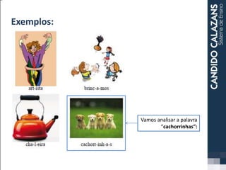 Exemplos:
Vamos analisar a palavra
“cachorrinhas”:
 
