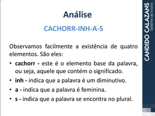 Análise
CACHORR-INH-A-S
Observamos facilmente a existência de quatro
elementos. São eles:
• cachorr - este é o elemento base da palavra,
ou seja, aquele que contém o significado.
• inh - indica que a palavra é um diminutivo.
• a - indica que a palavra é feminina.
• s - indica que a palavra se encontra no plural.
 