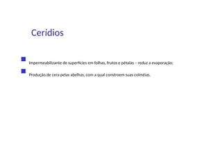  Impermeabilizante de superfícies em folhas, frutos e pétalas – reduz a evaporação;
 Produção de cera pelas abelhas, com a qual constroem suas colméias.
Cerídios
 