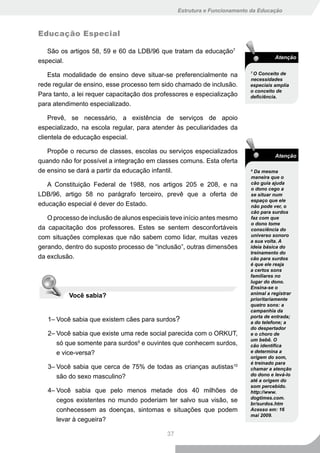 Estrutura e Funcionamento da Educação



Educação Especial

   São os artigos 58, 59 e 60 da LDB/96 que tratam da educação7
                                                                                    Atenção
especial.

   Esta modalidade de ensino deve situar-se preferencialmente na
                                                                          7
                                                                            O Conceito de
                                                                          necessidades
rede regular de ensino, esse processo tem sido chamado de inclusão.       especiais amplia
                                                                          o conceito de
Para tanto, a lei requer capacitação dos professores e especialização     deficiência.
para atendimento especializado.

    Prevê, se necessário, a existência de serviços de apoio
especializado, na escola regular, para atender às peculiaridades da
clientela de educação especial.

   Propõe o recurso de classes, escolas ou serviços especializados
                                                                                    Atenção
quando não for possível a integração em classes comuns. Esta oferta
de ensino se dará a partir da educação infantil.                          8
                                                                            Da mesma
                                                                          maneira que o
   A Constituição Federal de 1988, nos artigos 205 e 208, e na            cão guia ajuda
                                                                          o dono cego a
LDB/96, artigo 58 no parágrafo terceiro, prevê que a oferta de            se situar num
                                                                          espaço que ele
educação especial é dever do Estado.                                      não pode ver, o
                                                                          cão para surdos
   O processo de inclusão de alunos especiais teve início antes mesmo     faz com que
                                                                          o dono tome
da capacitação dos professores. Estes se sentem desconfortáveis           consciência do
com situações complexas que não sabem como lidar, muitas vezes            universo sonoro
                                                                          a sua volta. A
gerando, dentro do suposto processo de “inclusão”, outras dimensões       ideia básica do
                                                                          treinamento do
da exclusão.                                                              cão para surdos
                                                                          é que ele reaja
                                                                          a certos sons
                                                                          familiares no
                                                                          lugar do dono.
                                                                          Ensina-se o
                                                                          animal a registrar
          Você sabia?
                                                                          prioritariamente
                                                                          quatro sons: a
                                                                          campanhia da
                                                                          porta de entrada;
   1– Você sabia que existem cães para surdos?                            a do telefone; a
                                                                          do despertador
   2– Você sabia que existe uma rede social parecida com o ORKUT,         e o choro de
                                                                          um bebê. O
      só que somente para surdos9 e ouvintes que conhecem surdos,         cão identifica
      e vice-versa?                                                       e determina a
                                                                          origem do som,
                                                                          é treinado para
   3– Você sabia que cerca de 75% de todas as crianças autistas10         chamar a atenção
      são do sexo masculino?                                              do dono e levá-lo
                                                                          até a origem do
                                                                          som percebido.
   4– Você sabia que pelo menos metade dos 40 milhões de                  http://www.
                                                                          dogtimes.com.
      cegos existentes no mundo poderiam ter salvo sua visão, se          br/surdos.htm
      conhecessem as doenças, sintomas e situações que podem              Acesso em: 16
                                                                          mai 2009.
      levar à cegueira?

                                            37
 