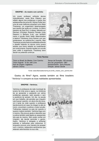 Estrutura e Funcionamento da Educação




    SINOPSE – Ao mestre com carinho

 Um jovem professor enfrenta alunos
 indisciplinados, neste filme Clássico que
 refletiu alguns dos problemas e medos dos
 adolescentes dos anos 60. Sidney Poitier tem
 uma de suas melhores atuações como Mark
 Thackeray, um engenheiro desempregado
 que resolve dar aulas em Londres, no bairro
 operário de East End. A classe, liderada por
 Denham (Christian Roberts) Pamela (Judy
 Geeson) e Barbara (Lulu, que também
 canta a canção título) estão determinados
 a destruir Thackeray como fizeram com seu
 predecessor, ao quebrar-lhe o espírito. Mas
 Thackeray acostumado à hostilidade enfrenta
 o desafio tratando os alunos como jovens
 adultos que breve estarão se sustentando
 por conta própria. Quando recebe um convite
 para voltar a engenharia, Thackeray deve
 decidir se pretende continuar.

                                 Ficha Técnica

 Título no Brasil: Ao Mestre, Com Carinho       Tempo de Duração: 105 minutos
 Título Original: To Sir, with Love             Ano de Lançamento: 1967
 País de Origem: Inglaterra                     Estúdio/Distrib.: Sony Pictures
 Gênero: Drama                                  Direção: James Clavell

                     Fonte: www.65anosdecinema.pro.br/Ao_mestre_com_carinho.htm


   Gostou do filme? Agora, assista também ao filme brasileiro
“Verônica” e compare as duas realidades apresentadas.

           SINOPSE – Verônica.

 Verônica é professora da rede municipal de
 ensino há vinte anos e agora, na iminência
 de se aposentar e passando por sérios
 problemas pessoais, está exausta e sem
 a paciência de sempre. Um dia, na escola
 em que trabalha, ela percebe que ninguém
 veio buscar Leandro, um aluno de oito anos.
 Já é tarde da noite quando a professora
 decide levá-lo em casa. Ao chegar no alto do
 morro, encontram a polícia e muito tumulto.
 Traficantes mataram os pais de Leandro e
 querem matá-lo também. Verônica foge com
 o menino. Ela procura ajuda e descobre que
 a policia também está ligada ao assassinato
 dos pais do menino. Sem poder confiar em
 ninguém, ela decide esconder o garoto.
 Assim, Verônica é obrigada a enfrentar
 policiais e traficantes para sobreviver. E
 enquanto procura uma maneira de escapar
 com o menino, redescobre sentimentos que
 estavam adormecidos na sua vida.


                                                    17
 